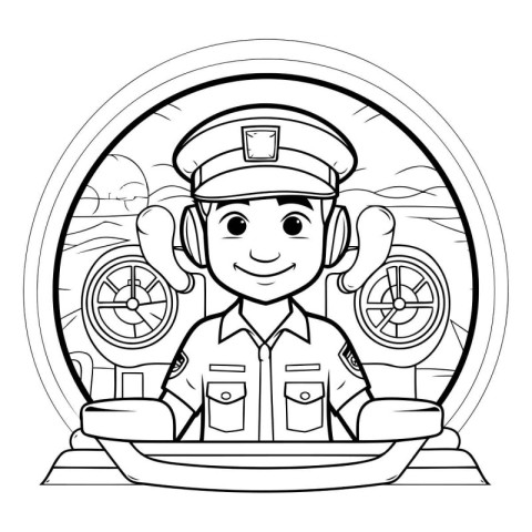 Black and White Cartoon Illustration of Pilot or Sailor Characte