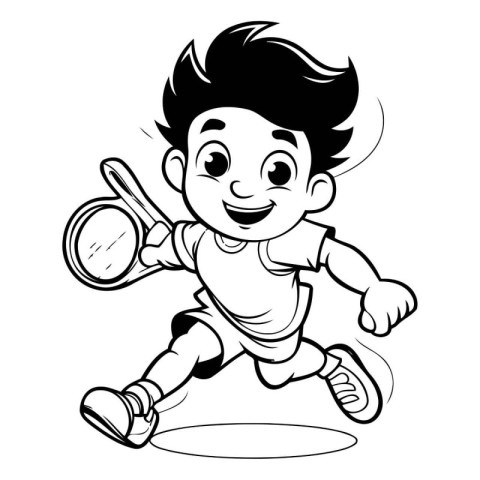 Little Boy Playing Tennis - Black and White Cartoon Illustration