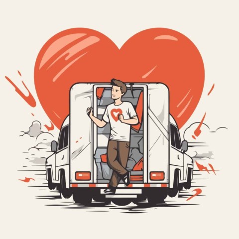 Man driving a van with a heart in the background. Vector illustr