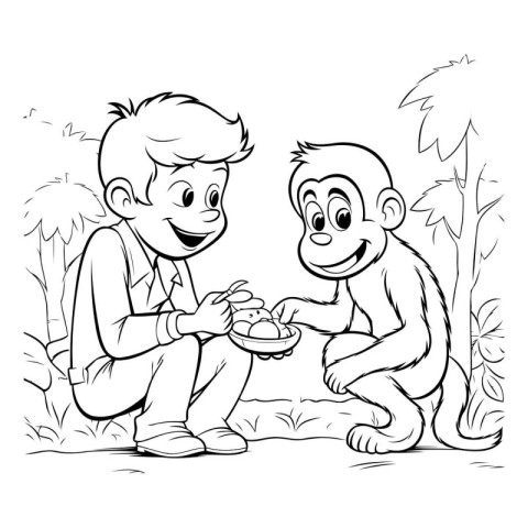 Monkey and monkey in the jungle - black and white vector illustr