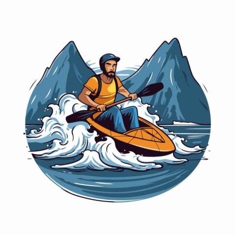 Man paddling on a kayak in the mountains. Vector illustration.