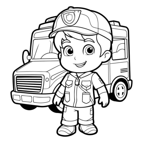 Black and White Cartoon Illustration of Little Boy Firefighter o