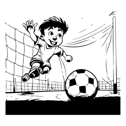 Boy playing soccer. black and white vector illustration. isolate