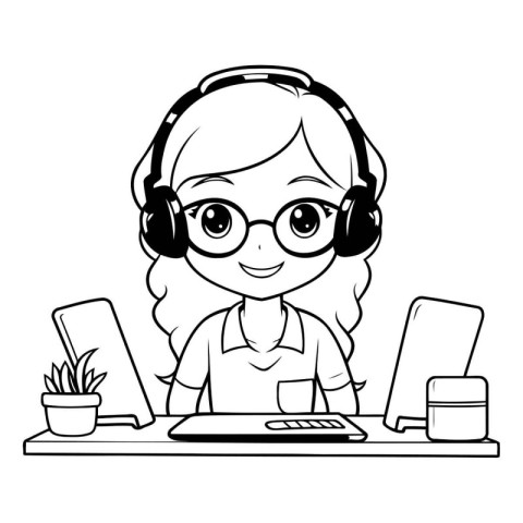 Call center and customer support agent with headset and computer