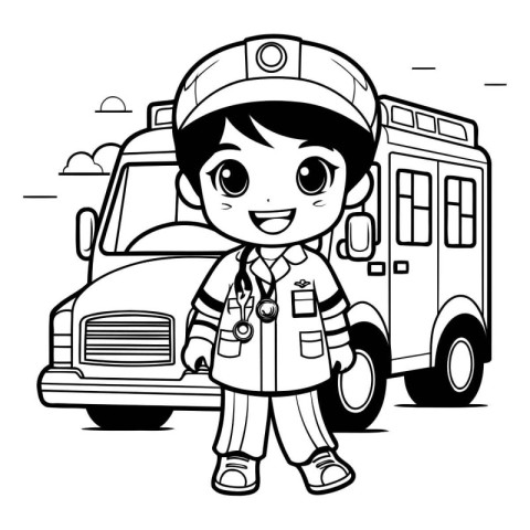 Black and White Cartoon Illustration of Elementary School Boy St