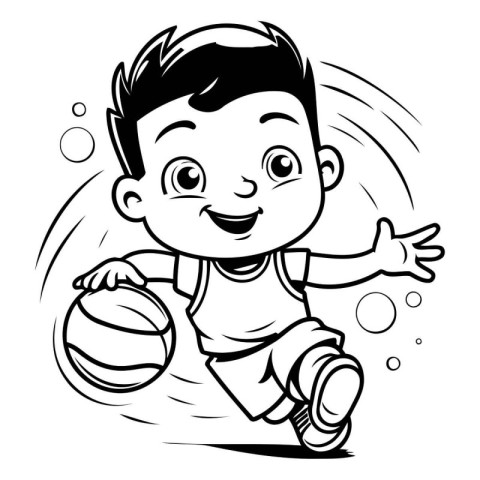 Black and White Cartoon Illustration of Kid Playing Basketball f