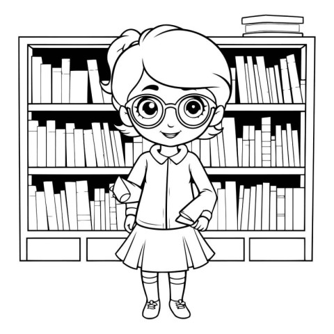 cute little student girl in library cartoon vector illustration