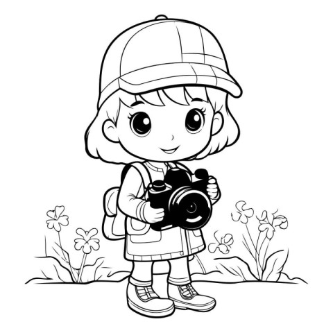 Coloring Page Outline Of a Little Girl Photographer with a Camer