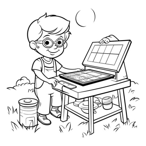 Boy using a laptop at the picnic. black and white vector illustr