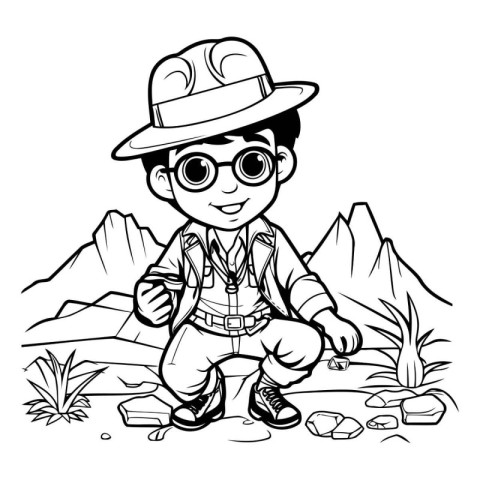 Boy scout with hat and glasses sitting on a rock. Vector illustr