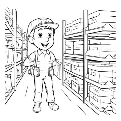 Cartoon man worker in warehouse. Vector illustration for colorin