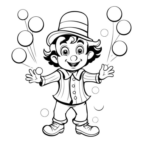 Cartoon clown juggling balloons. Black and white vector illustra