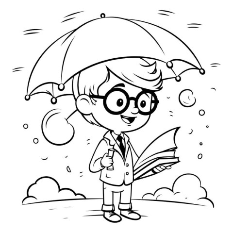 Black and White Cartoon Illustration of Kid Reading a Book or Bo