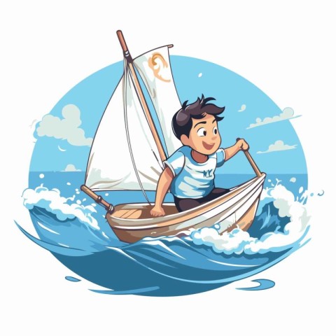 Boy sailing on a sailboat. Vector illustration in cartoon style.