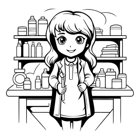 Black and White Cartoon Illustration of Little Girl Shopping in