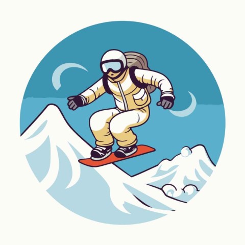 Snowboarder jumping with snowboard. Vector illustration in retro