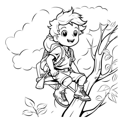 Black and White Cartoon Illustration of Boy Climbing a Tree or B