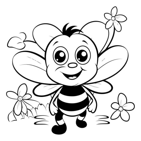 Black and White Cartoon Illustration of Cute Bee Animal Characte