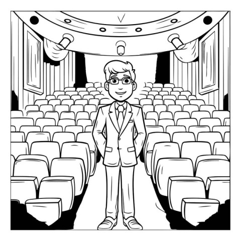 Businessman in movie theater. Black and white vector illustratio