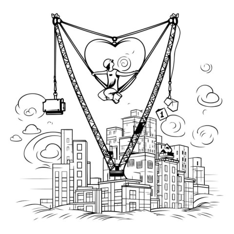 Hand drawn vector illustration of a crane with a heart on a city