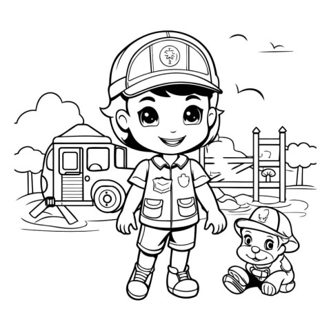 Black and White Cartoon Illustration of Little Boy firefighter o