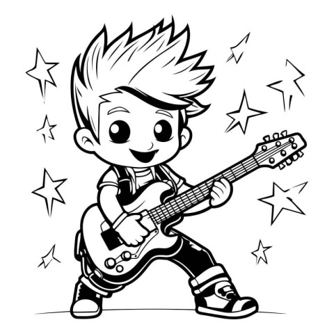 Boy playing electric guitar - Black and White Cartoon Illustrati