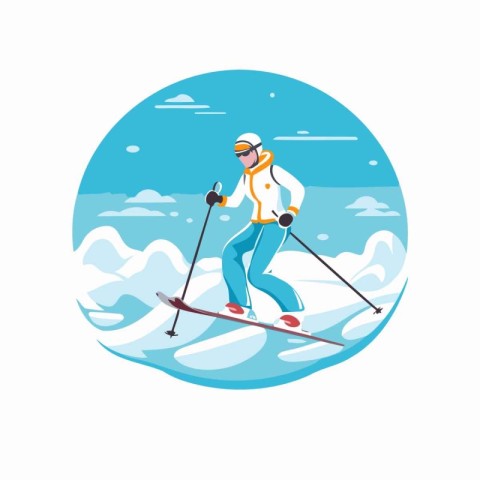 Skier skiing in the mountains. Flat style vector illustration on