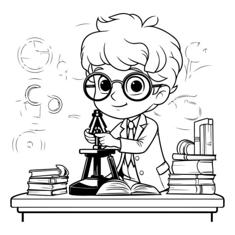 Black and White Cartoon Illustration of Little Boy Studying in S