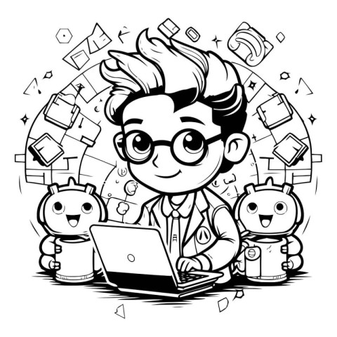 Black and White Cartoon Illustration of Student with Laptop or C