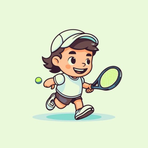 Cartoon boy playing tennis. Vector illustration of cute boy play