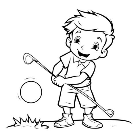 Boy playing golf - Black and White Cartoon Illustration. Vector