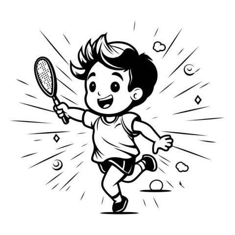 Cartoon boy playing badminton. Black and white vector illustrati