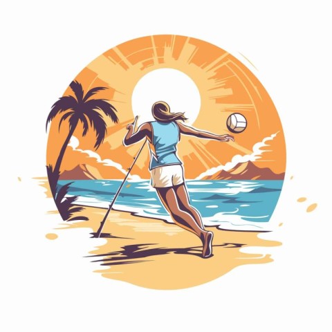 Volleyball player on the beach. Vector illustration in retro sty