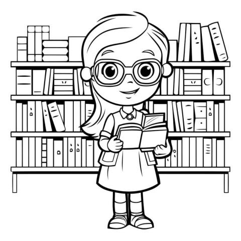 Cute schoolgirl reading book in library. Black and white vector