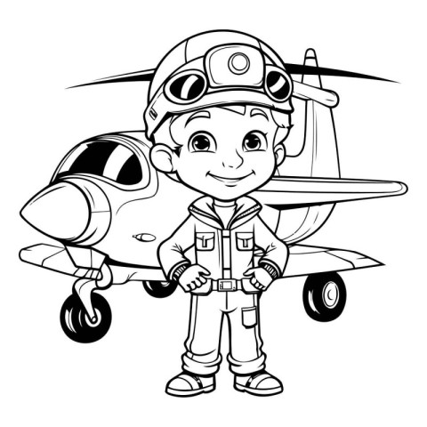 Boy pilot with airplane. Coloring book for children. Vector illu