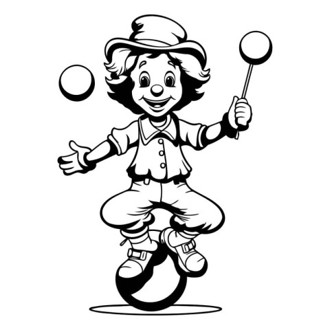 Funny circus clown juggling balls. Black and white vector illust