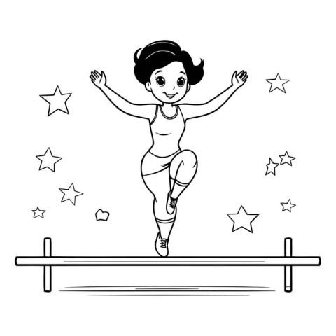 fit woman running and jumping over obstacle cartoon in black and