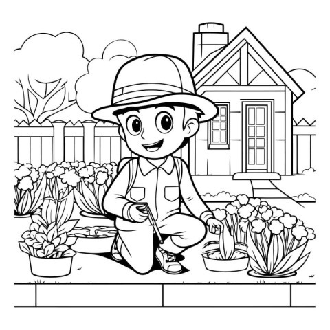 Outdoor gardening coloring page with happy boy planting flowers