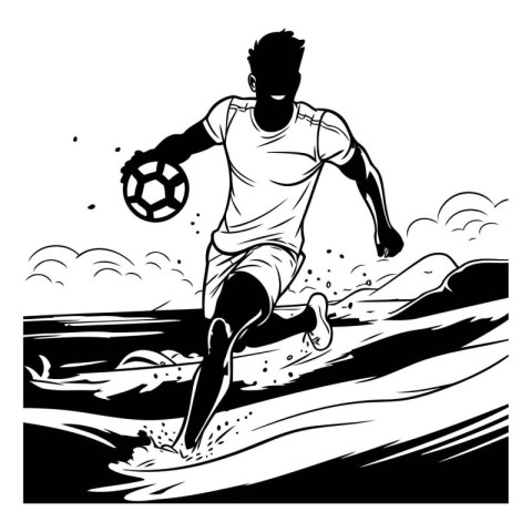 Soccer player on the beach. Black and white vector illustration.