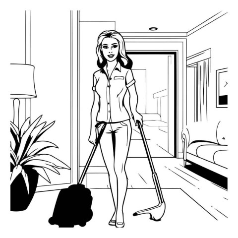 Vector illustration of a young woman with a vacuum cleaner in th