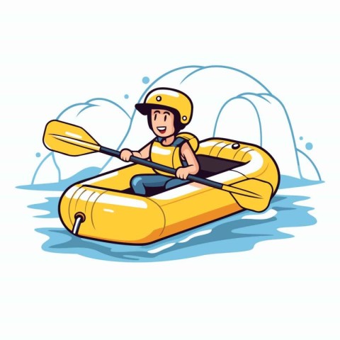 Man in yellow kayak. Cartoon vector illustration. Canoeing.