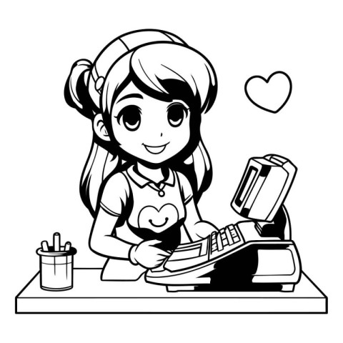 Girl with credit card and cash register. Black and white vector