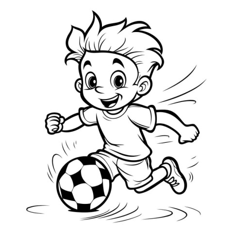 Soccer Boy Running with Ball - Black and White Cartoon Illustrat