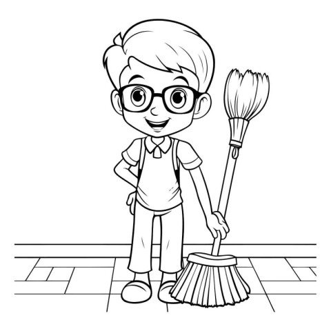 cleaning boy with broom and dustpan cartoon vector illustration