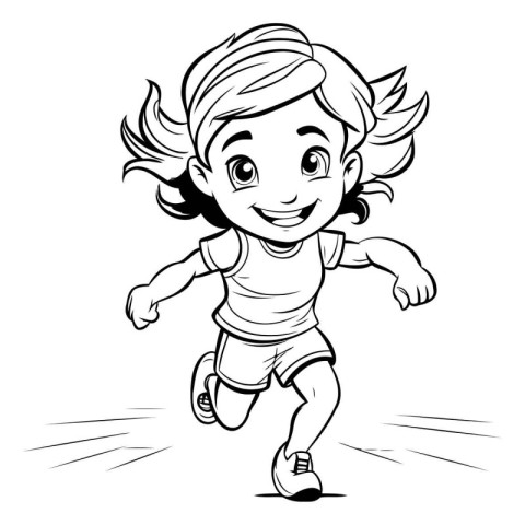 Black and White Cartoon Illustration of Little Girl Running for