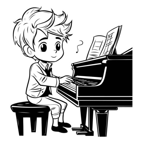 Boy playing piano - Black and White Cartoon Illustration. Isolat