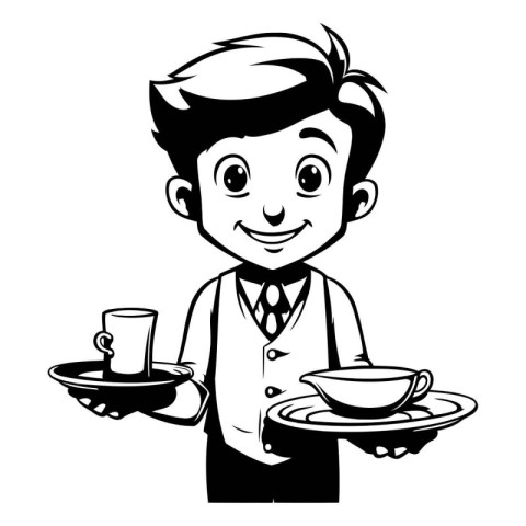 Waiter with a tray and a cup of coffee. vector illustration