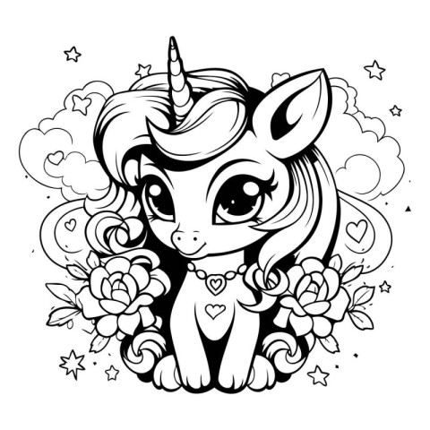 Unicorn with flowers. Black and white illustration for coloring