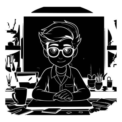 Young man working at home. black and white vector illustration g