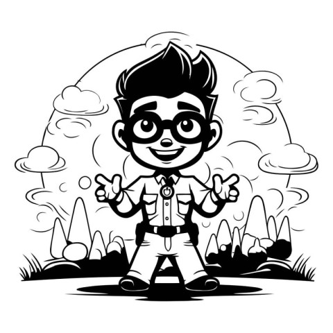 Cute cartoon boy with glasses in the park. Vector illustration.